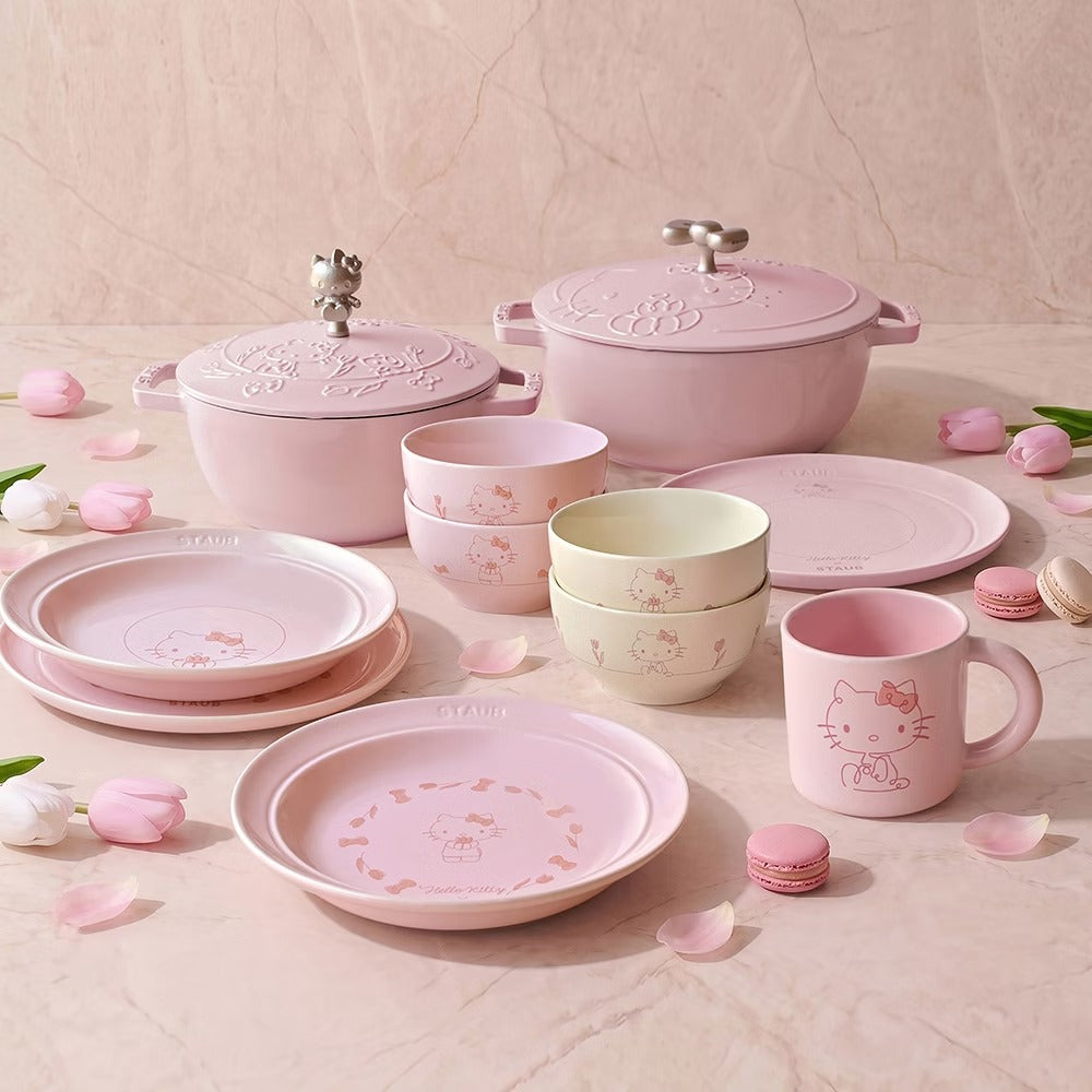 TAIWAN｜ STAUB x Hello Kitty Pink Cheese Dream Embossed Enamel Cast Iron Wok 24cm (Classic Kitty)