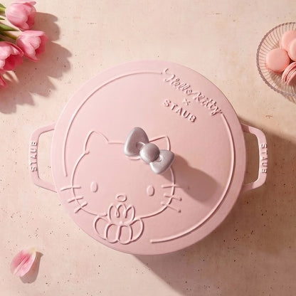 TAIWAN｜ STAUB x Hello Kitty Pink Cheese Dream Embossed Enamel Cast Iron Wok 24cm (Classic Kitty)